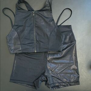 WeWoreWhat Black Shimmer workout set (Zip-Up Top and bike shorts)